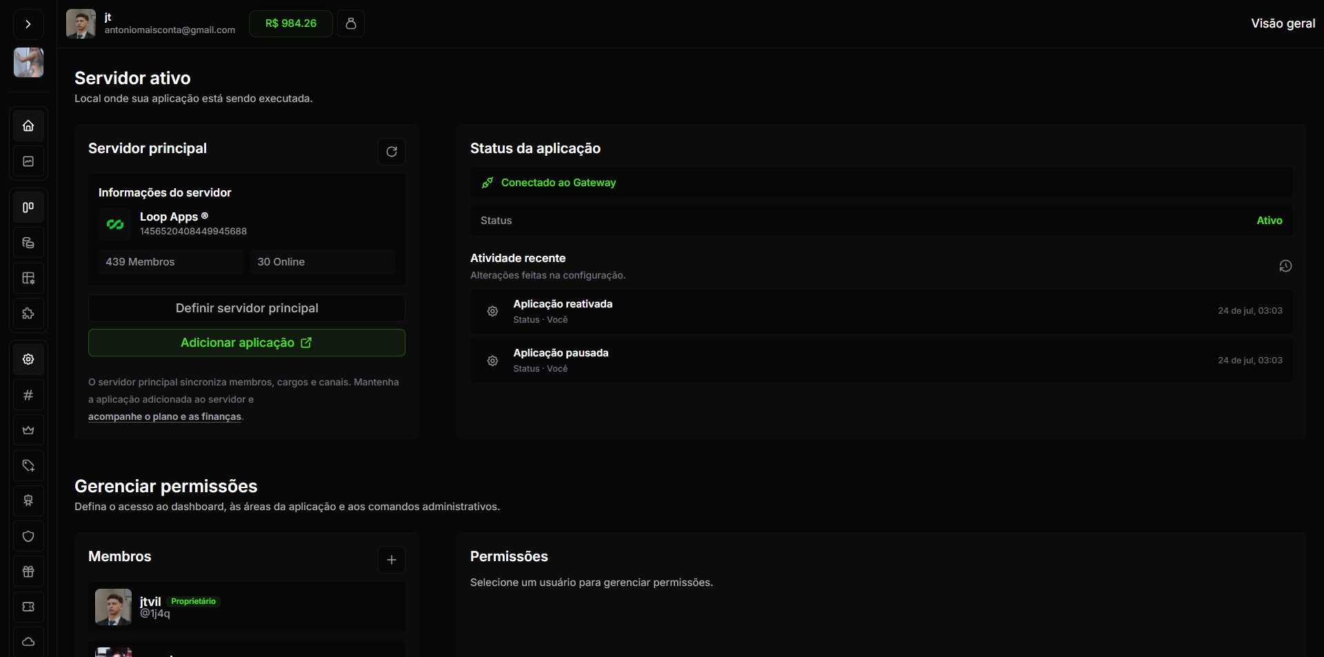 Visão geral da dashboard Loop